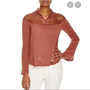 Free People Long Sleeve Mauve Shirt Gauzy Crochet Tassel Ties Fishnet Lace